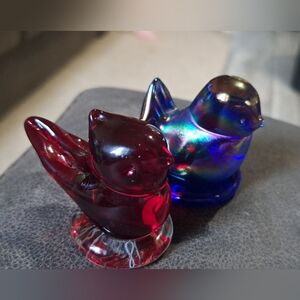 2-Leo Ward Rainbow Bird Cobalt  Iridescent Carnival Glass & Red Amberina Type